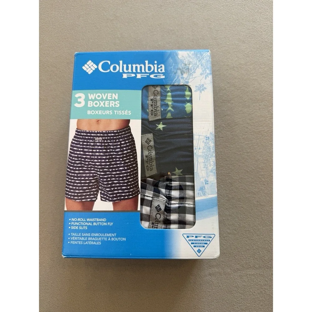 Columbia PFG Printed Woven Boxer 3 Pack Mens Medium Pool Carbon Navy 421 NWT